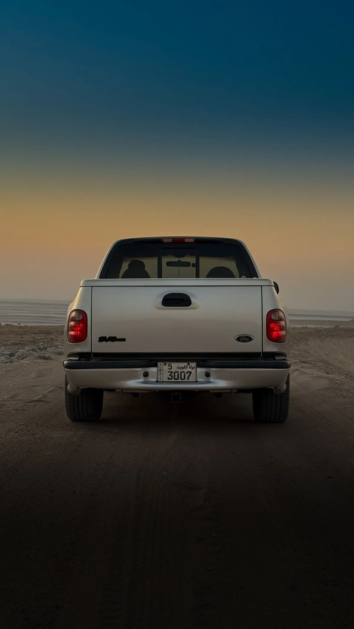 The tailgate of a silver pickup on a desert flat at dusk